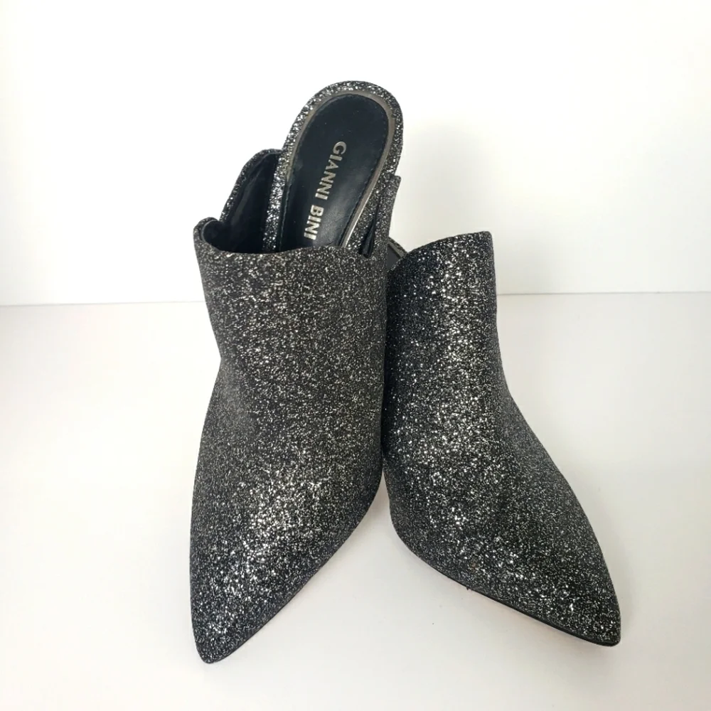Gianni Bini Black Glitter Pointed-Toe Mule Heels